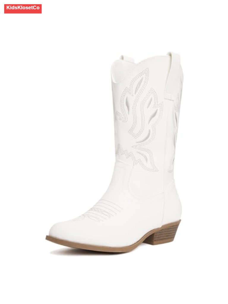 Girls Pointed Toe Mid Calf Riding Boots With Western Embroidery Side Zipper